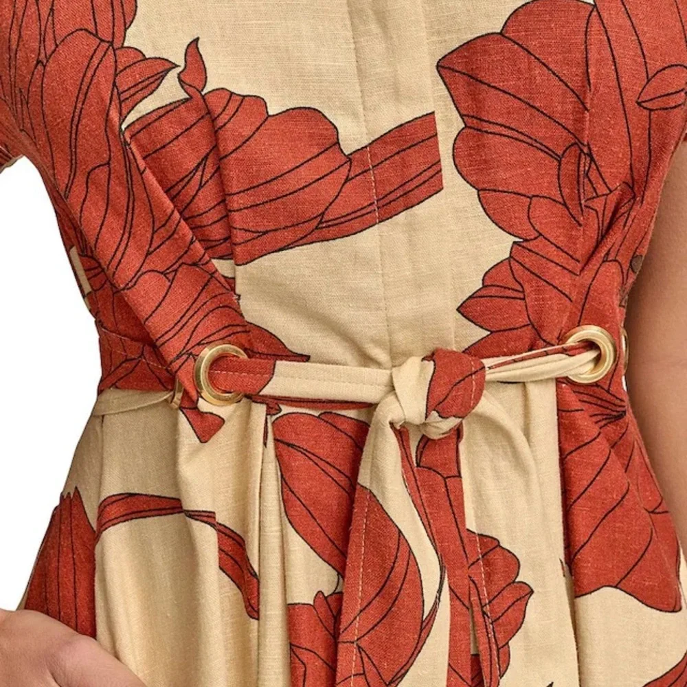 Button-Front Beige and Rust Floral Midi Dress - Picture 4 of 6